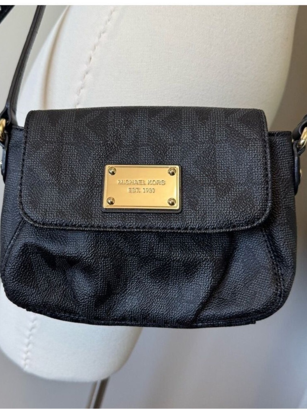 Michael Kors Black  and Gray Canvas Crossbody Bag with Gold Details
